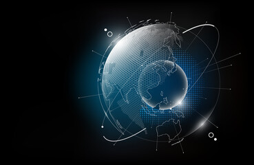 futuristic technology globe in hologram globalization concept, world map hexagon pattern transparent