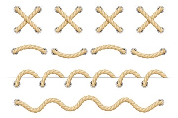 Poster - Rope. Set of various decorative rope elements. Rope laces, knots and decorations. Nautical rope, shoe lacing, decorative binding of paper and fabric. Isolation. Vector illustration