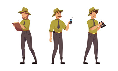 forest rangers in khaki uniform working protecting and preserving nature vector illustration