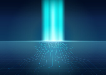 Wall Mural - Glowing Digital Circuit on Perspective Cyber Grid Floor Futuristic Technology Background