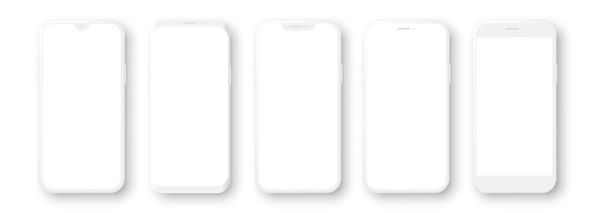 realistic white mockup smartphone set with blank screen. 3d mobile phone models. vector illustration
