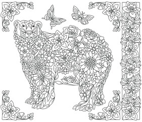 Wall Mural - Adult coloring book page. Floral polar bear. Ethereal animal consisting of flowers, leaves and butterflies