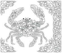 Adult Coloring Book Page. Floral Crab. Ethereal Animal Consisting Of Flowers And Leaves