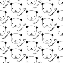Cute Seamless Pattern With Funny Bear Or Panda. Hand Drawn Naive Minimalistic Illustration For Kids. Pattern In Cartoon Style For Poster, Fabric, Wallpaper, Textile. Repeat Wallpaper Illustration Dood