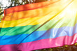 LGBTQ rainbow colors flag, a symbol for the homosexual community, waving in the wind and shines by sunlight. Gay flag for pride month and the celebration day of sexual and love diversity