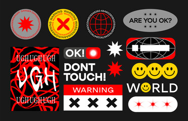 Wall Mural - Collection of various patches, labels, tags, stickers, stamps. danger, warning in acid style. Vector set, trendy promo labels