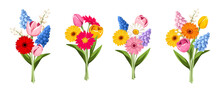 Bouquets Of Colorful Spring Flowers Isolated On A White Background. Set Of Vector Illustrations