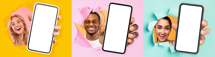 Diverse pople showing white empty smartphone screen through torn paper