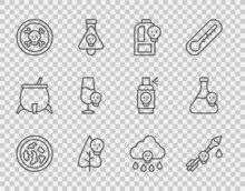 Set Line Petri Dish With Bacteria, Poison On The Arrow, Beaker Toxic Liquid, Flower, Bones And Skull, Poisoned Alcohol, Acid Rain And Icon. Vector