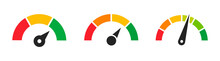Speedometer Icons. Colored Scale Speedometers. Gauge, Dashboard, Scale, Indicator. Customer Satisfaction Level Meter. Vector Illustration.