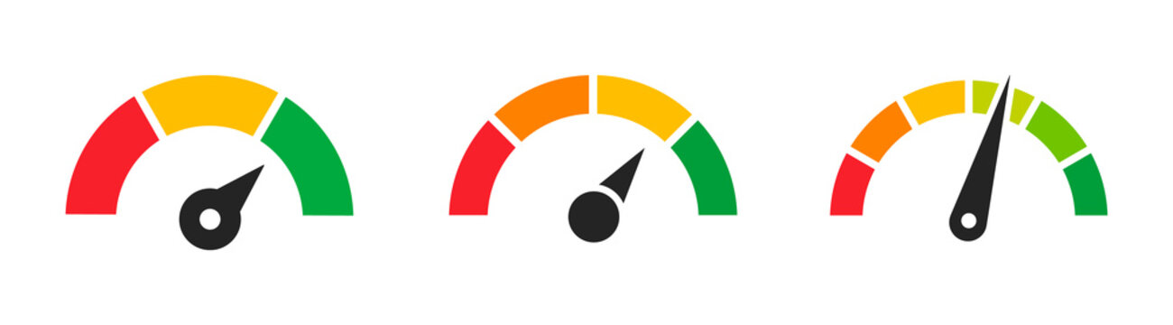 speedometer icons. colored scale speedometers. gauge, dashboard, scale, indicator. customer satisfac