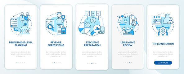 Budgeting process blue onboarding mobile app screen. Implementation walkthrough 5 steps graphic instructions pages with linear concepts. UI, UX, GUI template. Myriad Pro-Bold, Regular fonts used