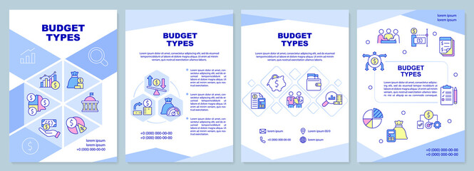 Budget types brochure template. Financial program and plan. Leaflet design with linear icons. 4 vector layouts for presentation, annual reports. Arial-Black, Myriad Pro-Regular fonts used