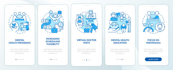 Wall Mural - mental health trends at work blue onboarding mobile app screen. therapy walkthrough 5 steps graphic 
