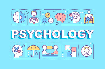 Poster - psychology word concepts blue banner. patient service and therapy. infographics with icons on color 