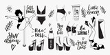 Set of various pole dance and exotic elements and lettering. Modern acrobatic sport activity for all body shapes, genders and ages.