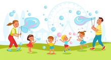 Bubbles Show. Adults Make Big Soap Balls In Park For Kids. Happy Children Play With Flying Soapy Balloons. Outdoor Leisure. People Blow Foam Spheres. Boys Or Girls Have Fun. Vector Concept