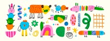 Various Quirky Creatures And Doodle Objects. Abstract Monsters Or Fantastic Animals. Childish Style. Cute Characters. Colorful Trendy Vector Set. Hand Drawn Illustration. All Elements Are Isolated
