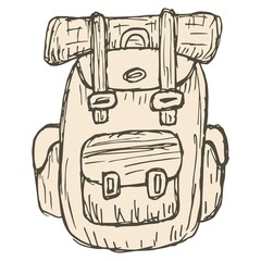 Wall Mural - Rough hatching vintage drawing of the hiking backpack. Simple flat brown freehand vector doodle isolated on transparent background