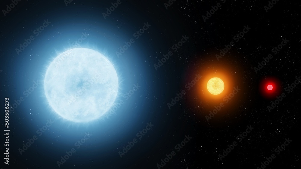 Giant blue star, sun-like star and a red dwarf. Comparison of the sizes ...