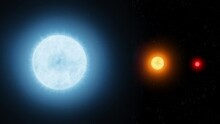 Giant Blue Star, Sun-like Star And A Red Dwarf. Comparison Of The Sizes And Temperatures Of Different Types Of Stars In The Universe. 