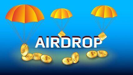 Wall Mural - Free distribution of collectible NFT non fungible token with golden coins on orange parachutes on light blue background. Dollar USD and NFT airdrop.