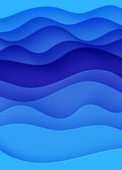Wall Mural - Abstract background with water waves in paper cut style. 3d wallpaper with cut out deep wavy modern cover. Blue color layers with smooth shadow papercut art. Vector illustration, origami shapes