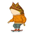 A Skateboarder, isolated vector illustration. Anthropomorphic horned frog in a casual outfit riding a skateboard. Young humanized trendy dressed toad skater. An animal character with a human body.