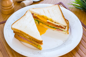 Sticker - club sandwich with chicken and vegetables on white plate