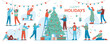 © Anna Sm - Group of happy young people decorating Christmas tree and preparing for Christmas. Flat cartoon colorful vector illustration. Isolated images on white background.