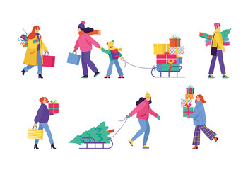 Set of happy cartoon people walking and carrying boxes with Christmas presents and fir-trees. Flat style, vector illustration, fun characters. Isolated icons on a white background.