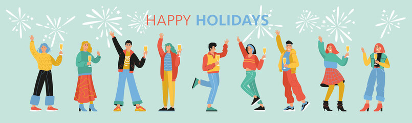 Wall Mural - Group of happy young fashion-dressed people celebrating the holidays and holding champagne glasses. Flat cartoon colorful vector illustration. Isolated images on a blue background.