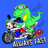 Fototapeta Dinusie - TYRANNOSAURUS REX RIDING A MOTORCYCLE AND IT'S BLOWING FIRE THROUGH THE WHEELS