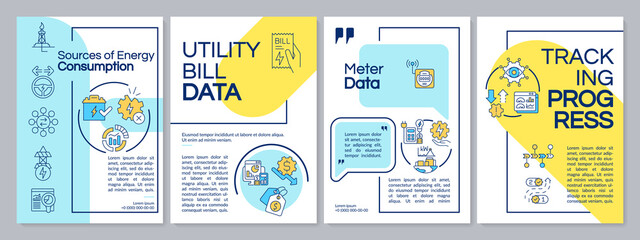 Energy management system blue and yellow brochure template. Utility bill data. Leaflet design with linear icons. 4 vector layouts for presentation, annual reports. Questrial, Lato-Regular fonts used