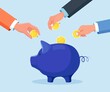 © Nadezhda Buravleva - People Putting on Gold Dollar Coins in Piggy Bank. Savings or Accumulation of Money. Cash Back. Investment. Vector design