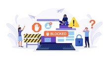 People are very surprised and feeling anxious about blocked user account. Experts help user to unblock account. Cyber crime, hacker attack, censorship or ransomware activity security. Vector design