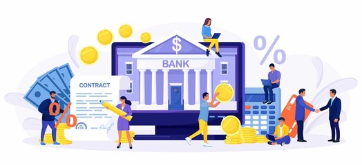 Mobile banking, online payment, accounting.People using smartphone, computer for internet mobile payments, transfers and deposits. Digital bank service, financial investment. Loan contract with sign. 