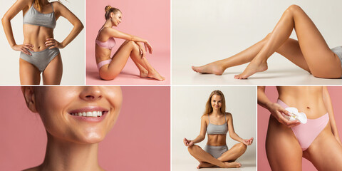 Set of portraits of young beautiful woman posing in underwear isolated over pink and white studio background