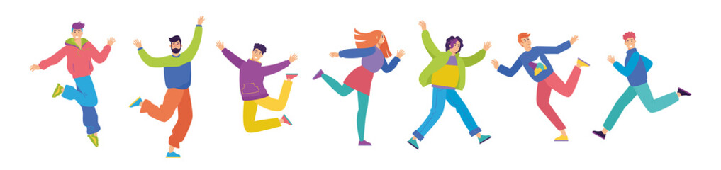 Wall Mural - Set of happy young fashion-dressed people. Birthday party with friends. Flat cartoon colorful vector illustration. Funny characters. 