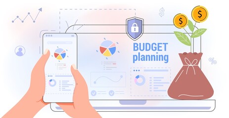 Financial planning app for earnings and expenses control Budget planning Cost optimization Budget management in mobile app Synchroniz computer Vector illustration flat Concept finance accounting Tax