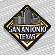 Vector logo for San Antonio, black rhombus road sign with outline illustration of texan city scape on dusk sky background, decorative label with unique brush lettering for words san antonio, texas