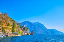 The View On The Rocky Shore Of Lugano Lake With Hilly Residential Houses Of Castagnola-Cassarete District Of Lugano, Switzerland