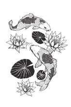 Vector Illustration With Fishes Koi And Water Flowers. Hand Drawn Sketch With Japan Symbols Of Luck.