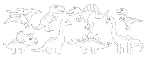 Wall Mural - Dinosaur coloring page. Cartoon vector  outline dinosaur. Stegosaurus, Brachiosaurus, Pteranodon, Velociraptor, Tyrannosaurus, Triceratops, Brontosaurus, Spinosaurus. Coloring book for kids.