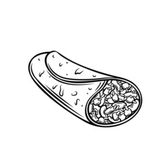 Wall Mural - Tortilla mexican dish outline vector llustration. Burritos with beans corn avocado rice. Drawn monochrome illustration in retro style .