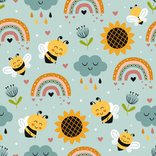 Seamless Pattern With Bee, Sunflower, Rainbow