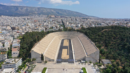 Aerial drone photo of iconic ancient Panathenaic stadium or Kalimarmaro birthplace of the original Olympic games, Athens historic centre, Attica, Greece