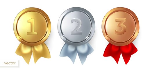gold, silver and bronze medals. a set of medals for first, second and third place. for winners and c