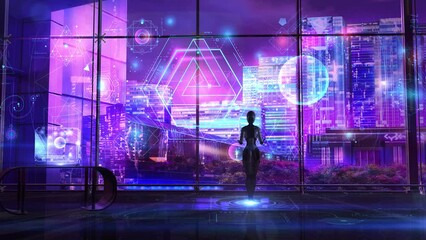 Wall Mural - sci-fi plot with robot and data array, 3d render