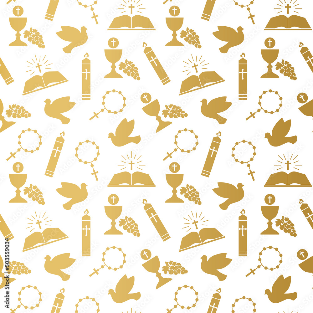 seamless pattern with christian religion icons, holy communion: rosary ...